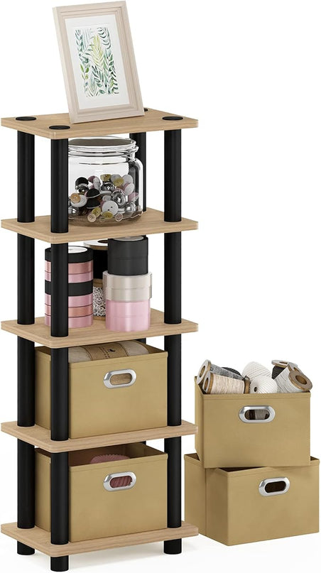 FURINNO LAci 4-Bins System Rack, Oak/Black/Light Brown - LeafyLoom