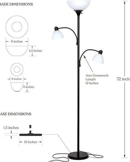 Brightech Sky Dome Double LED Floor lamp, Torchiere Super Bright Floor Lamp with 2 Reading Lamps for Living Rooms & Offices - Dimmable Tall Standing Lamp for Bedroom Reading - Tall Black Pole - LeafyLoom