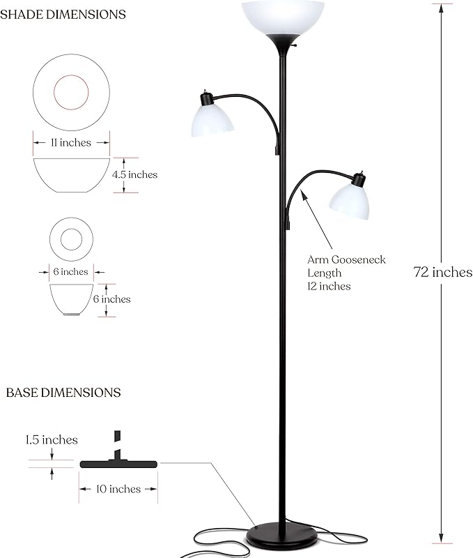 Brightech Sky Dome Double LED Floor lamp, Torchiere Super Bright Floor Lamp with 2 Reading Lamps for Living Rooms & Offices - Dimmable Tall Standing Lamp for Bedroom Reading - Tall Black Pole - LeafyLoom