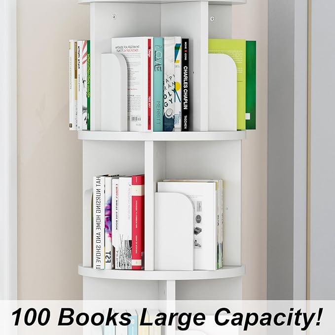 Rotating Bookshelf 51.2", White Wood Bookcase for Kids and Adults, 360 Display 4 Tier Small Corner Book Shelf Organizer, Floor Standing Storage Rack for Bedroom, Living Room, White - LeafyLoom