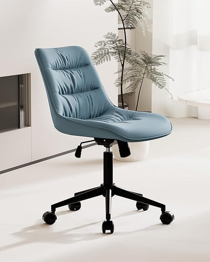 Kidol & Shellder Armless Office Chair Desk Chair Comfy Makeup Vanity Chair with Back Ergonomic Swivel Chair Home Office Desk Chairs with Wheels Rolling Computer Chair Bedroom Accent Chair(Blue) - LeafyLoom