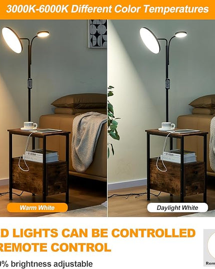 Dungoo 59" LED Floor Lamp with Table, End Table with Adjustable Reading Light, Side Table with USB & Type-C Ports and 2 Outlets, Narrow End Table with Lamp Attached for Living Room Bedroom - LeafyLoom