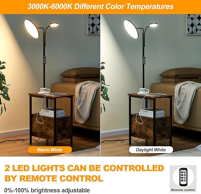 Dungoo 59" LED Floor Lamp with Table, End Table with Adjustable Reading Light, Side Table with USB & Type-C Ports and 2 Outlets, Narrow End Table with Lamp Attached for Living Room Bedroom - LeafyLoom