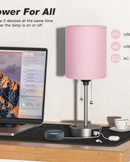 Dicoool Pink Bedroom Lamp for Bedside - 3 Color Temperatures Desk Lamp with USB C and A Ports, Pull Chain Table Lamp with AC Outlet, Nightstand Lamp with Silver Metal Base for Kids Girls - LeafyLoom