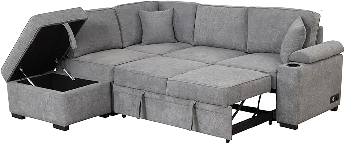 87.4" L Shape Sleeper Sectional Sofa w/Pull Out Bed & Storage Ottoman, Velvet Upholstered Couch, for Living Room, Bedroom and Small Apartment, 87.4 Inch, Gray - LeafyLoom