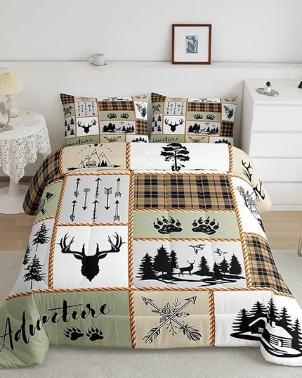 Camper Adventure Kids Comforter Set Twin Size,Deer Antlers Bear Paws Farmhouse Bedding Set for Boys Girls Adults Room Decor,Arrows Plaids Patchwork Down Comforter,Rustic Duvet Insert,1 Pillowcase - LeafyLoom
