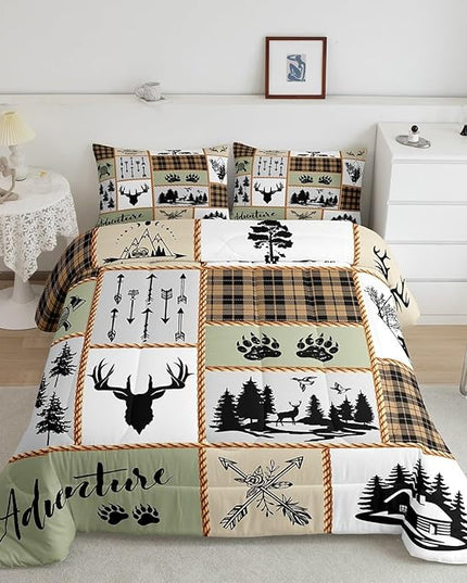 Camper Adventure Kids Comforter Set Queen Size,Deer Antlers Bear Paws Farmhouse Bedding Set for Boys Girls Adults Room Decor,Arrows Plaids Patchwork Down Comforter,Rustic Duvet Insert,2 Pillowcases - LeafyLoom