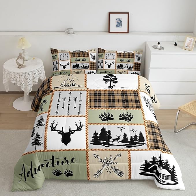 Camper Adventure Kids Comforter Set Full Size,Deer Antlers Bear Paws Farmhouse Bedding Set for Boys Girls Adults Room Decor,Arrows Plaids Patchwork Down Comforter,Rustic Duvet Insert,2 Pillowcases - LeafyLoom