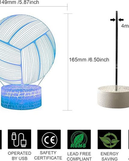 Volleyball 3D Illusion Night Light,16 Colors Changing Touch Switch & Remote Control,Acrylic Flat & ABS White Crack Base &USB Cable Table Lamp - LeafyLoom
