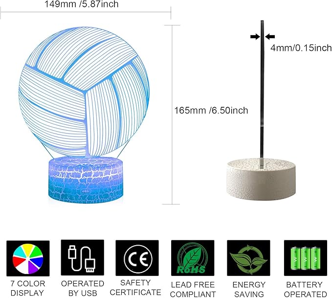 Volleyball 3D Illusion Night Light,16 Colors Changing Touch Switch & Remote Control,Acrylic Flat & ABS White Crack Base &USB Cable Table Lamp - LeafyLoom