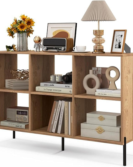 LOKO 6 Cube Bookcase, 3-Tier Floor Open Bookshelf with 5 Metal Legs, Cube Storage Organizer with Adjustable Shelves, Modern Display Shelving for Living Room, Study, Bedroom, Office (natural) - LeafyLoom