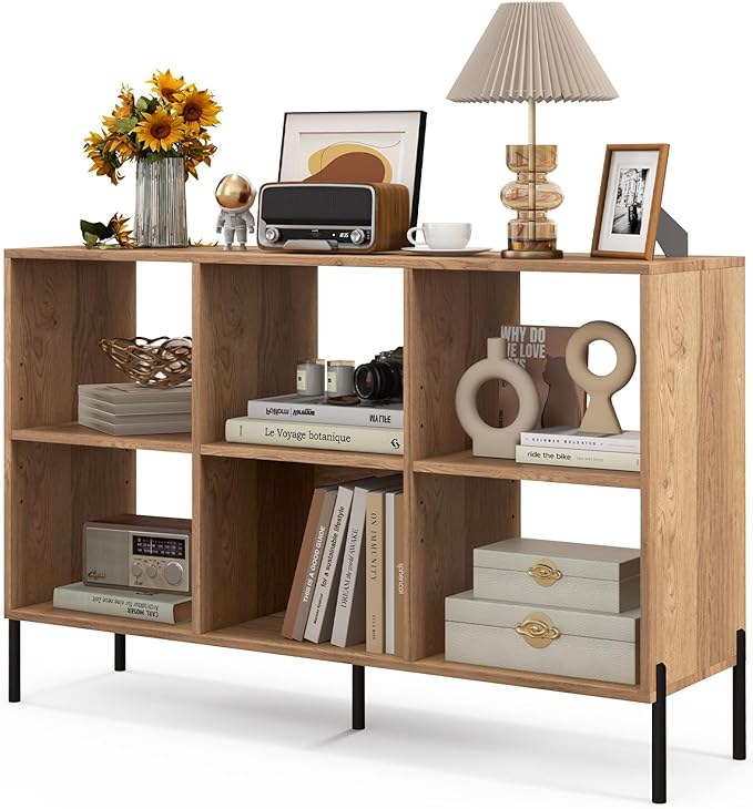 LOKO 6 Cube Bookcase, 3-Tier Floor Open Bookshelf with 5 Metal Legs, Cube Storage Organizer with Adjustable Shelves, Modern Display Shelving for Living Room, Study, Bedroom, Office (natural) - LeafyLoom