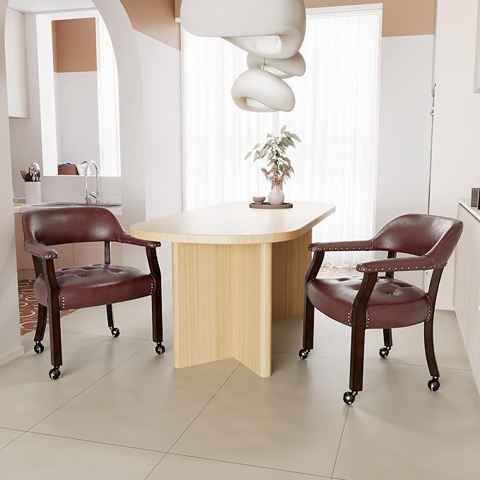 Dining Chairs with Casters and Arm, Large Rolling Dining Chairs with Wheel, Poker Table Chairs, Boss Caption's Chairs, 26"D x 25.2"W x 31.5"H, Espresso Legs & Wine Red Brown PU, XXY-1910-WR - LeafyLoom