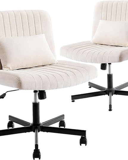 Criss Cross Armless Home Office Chair with Replaceable Wheels/Fixed Base and Lumbar Support for Living Room, Wide Seat Adjustable Legged Swivel Chair, Comfy Linen Computer Chair for Vanity, Beige - LeafyLoom