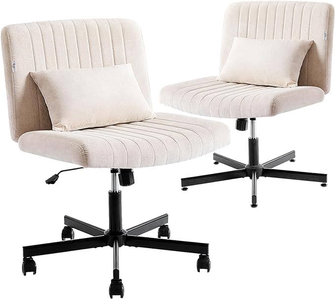 Criss Cross Armless Home Office Chair with Replaceable Wheels/Fixed Base and Lumbar Support for Living Room, Wide Seat Adjustable Legged Swivel Chair, Comfy Linen Computer Chair for Vanity, Beige - LeafyLoom