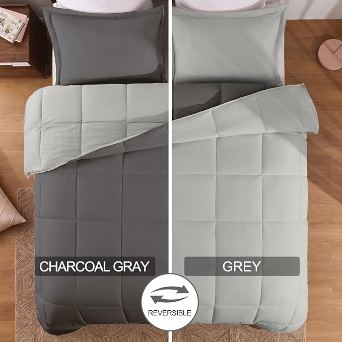 Basic Beyond Queen Comforter Set - Fluffy Comforter Queen Set for All Seasons - Reversible Dark Grey Comforter Set for Mens - 3 Pieces (1 Comforter + 2 Pillow Shams) - Dark Gray/Grey - LeafyLoom