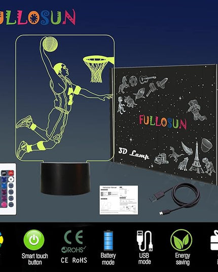 FULLOSUN Basketball 3D Night Light, Basketball Sport Gifts Bedside Lamp for Xmas Holiday Birthday Gifts for Kids Basketball Fan with Remote Control 16 Colors Changing + 4 Changing Mode + Dim Function - LeafyLoom