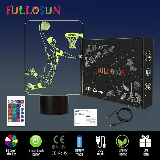 FULLOSUN Basketball 3D Night Light, Basketball Sport Gifts Bedside Lamp for Xmas Holiday Birthday Gifts for Kids Basketball Fan with Remote Control 16 Colors Changing + 4 Changing Mode + Dim Function - LeafyLoom
