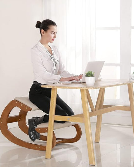 Predawn Ergonomic Kneeling Chair,Rocking Knee Chair Upright Posture Chair for Home Office Meditation Wooden & Linen Cushion-Office Chair for Back Neck Pain Relief & Improving Posture (Pecan) - LeafyLoom