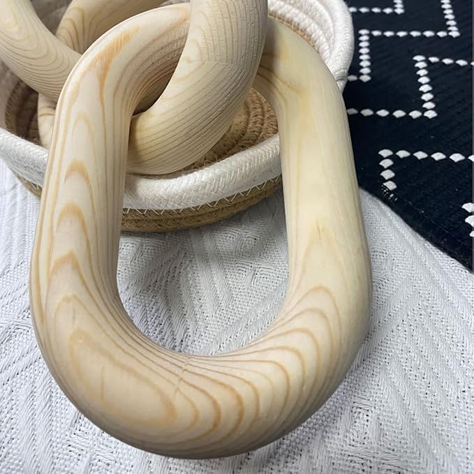 Wood Chain Link Decor | Hand Boho Carved Decor for Table, Shelf Decor Accents, Rustic Farmhouse Aesthetic 5 Link Chain Decor, Home Living Room, Bedroom, Entryway Coffee Table Decor(Wood Color) - LeafyLoom
