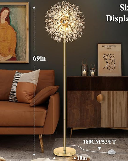 BesLowe 69'' Crystal Floor Lamp for Living Room, Modern Standing Lamp with 738PCS K9 Crystals, Tall Lamp Pole Light for Bedroom Office, Mid Century Gold Floor Lighting with 9 LED Bulbs, Antique Brass - LeafyLoom