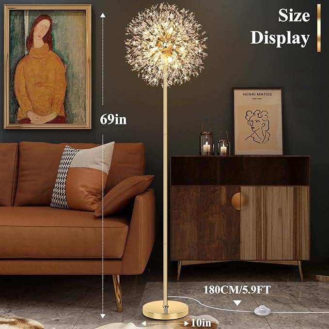 BesLowe 69'' Crystal Floor Lamp for Living Room, Modern Standing Lamp with 738PCS K9 Crystals, Tall Lamp Pole Light for Bedroom Office, Mid Century Gold Floor Lighting with 9 LED Bulbs, Antique Brass - LeafyLoom