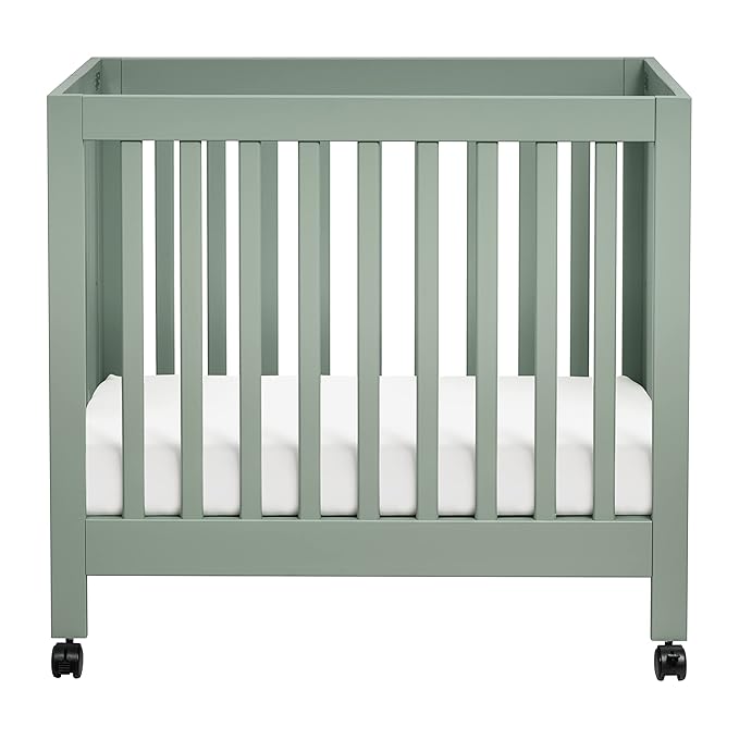 Babyletto Origami Mini Portable Crib Folding with Wheels in Light Sage, 2 Adjustable Mattress Positions, Greenguard Gold Certified - LeafyLoom