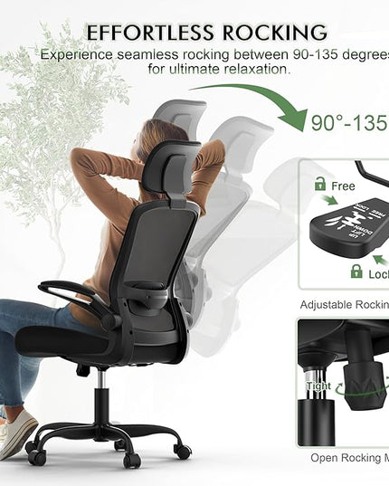 Mimoglad Home Office Chair, Ergonomic Desk Chair with Adjustable Lumbar Support, High Back Computer Chair- Adjustable Headrest with Flip-Up Arms, Swivel Task Chair for Home Office (Black) - LeafyLoom