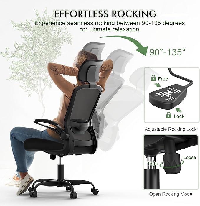 Mimoglad Home Office Chair, Ergonomic Desk Chair with Adjustable Lumbar Support, High Back Computer Chair- Adjustable Headrest with Flip-Up Arms, Swivel Task Chair for Home Office (Black) - LeafyLoom