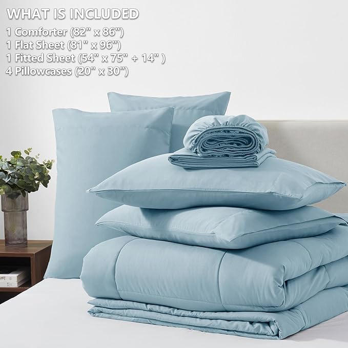 CozyLux Full Size Comforter Sets - 7 Pieces Bed in a Bag Set Light Blue, Bedding Sets Full with All Season Quilted Comforter, Flat Sheet, Fitted Sheet, Pillowcases, Light Blue, Full - LeafyLoom