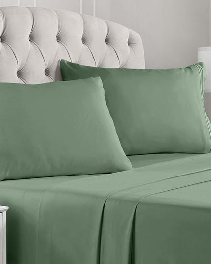 Mellanni Full Sheets Set - 4 PC Iconic Collection Bedding Sheets & Pillowcases - Hotel Luxury, Extra Soft, Cooling Bed Sheets - Deep Pocket up to 16 inch (Full, Sage) - LeafyLoom