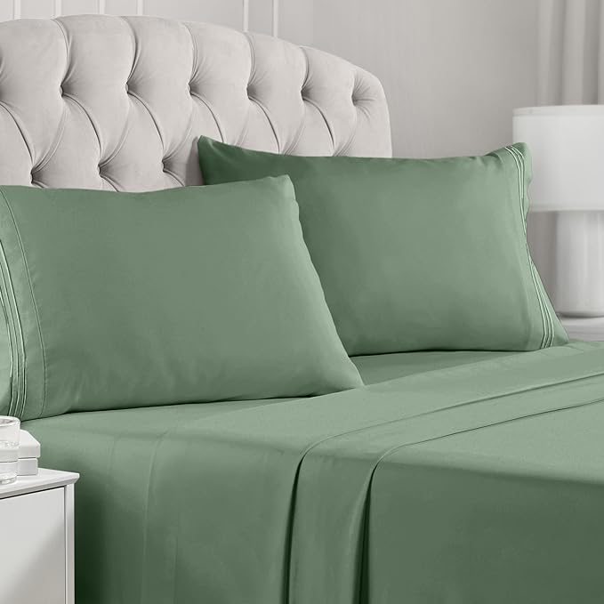 Mellanni California King Sheets Set - 4 PC Iconic Collection Bedding Sheets & Pillowcases - Hotel Luxury, Extra Soft, Cooling Bed Sheets - Deep Pocket up to 16 inch (Cal King, Sage) - LeafyLoom
