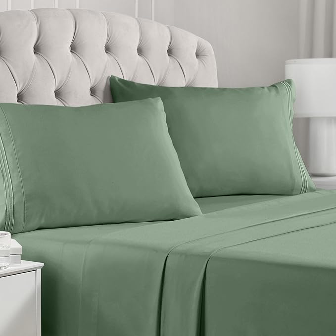 Mellanni Split King Sheets Set - 5 PC Iconic Collection Bedding Sheets & Pillowcases - Hotel Luxury, Extra Soft, Cooling Bed Sheets - Deep Pocket up to 16 inch (Split King, Sage) - LeafyLoom