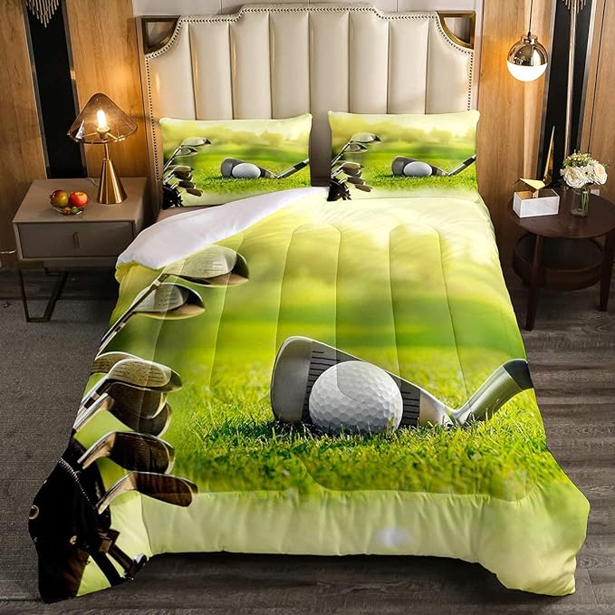 Erosebridal Golf Comforter Set Twin Size,Golf Clubs Bedding Set, Sports Game Theme Duvet Set Green Quilt Set, Boys Room Decorative Comforter Set Soft Breathable Ultra Lightweight - LeafyLoom
