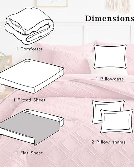 6 Pieces Tufted Bed in a Bag Twin Comforter Set with Sheets Pink, Soft and Embroidery Shabby Chic Boho Bohemian, Luxury Solid Color with Diamond Pattern, Jacquard Tufts Bedding Set for Kids Girls - LeafyLoom