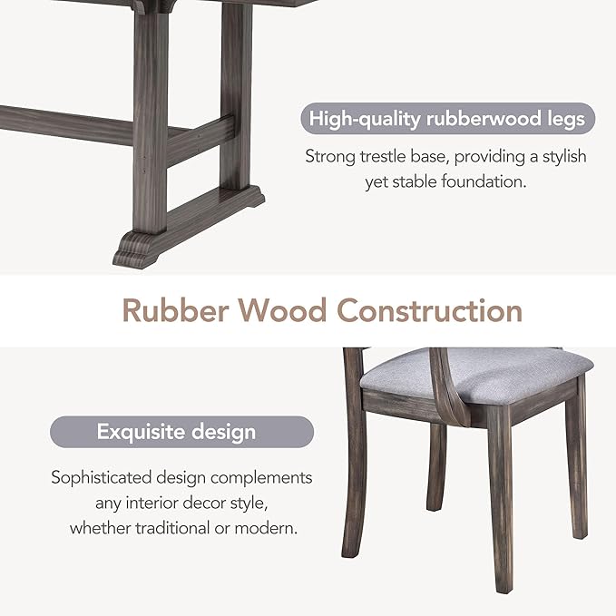 76.9 Inch Dining Table Set for 6, Extendable Dining Table Set with Removable Leaf, Kitchen Table Set with Upholstered Side Chair and Arm Chair for Dining Room, Dark Brown+Grey - LeafyLoom