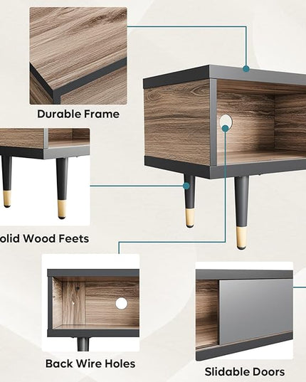 Bestier Mid Century Modern TV Stand for 85 inch tv, Entertainment Center with Storage and Sliding Doors, 2 in 1 Long TV Cabinet for Living Room, Pinewood - LeafyLoom