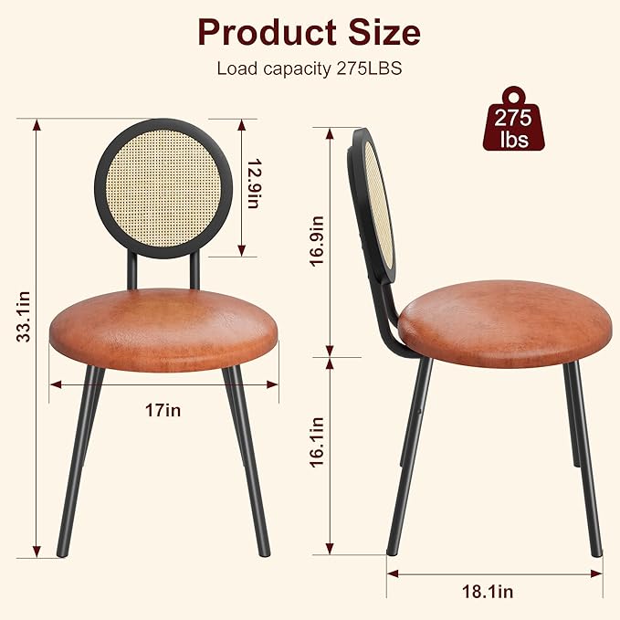 IDEALHOUSE Dining Chairs Set of 2, Rattan Kitchen Chairs with Thicken Upholstered, Modern Dining Room Chairs Set of 2, Space Saving Dining Chairs with Metal Legs for Living Room - LeafyLoom