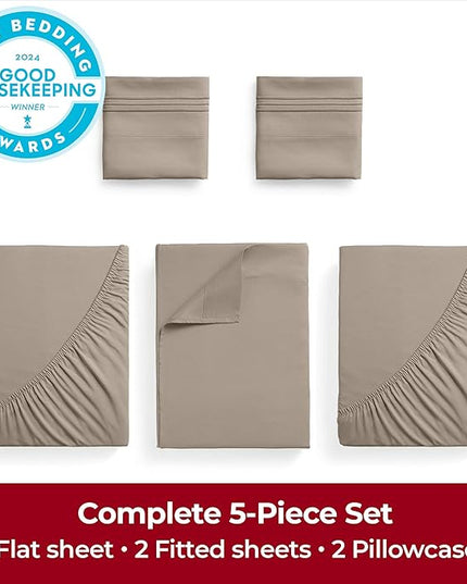 Mellanni Extra Deep Split King Sheets - 5 PC Iconic Collection Bedding Sheets & Pillowcases - Hotel Luxury, Ultra Soft, Cooling Bed Sheets - Extra Deep Pocket up to 21 inch (Split King, Tan) - LeafyLoom