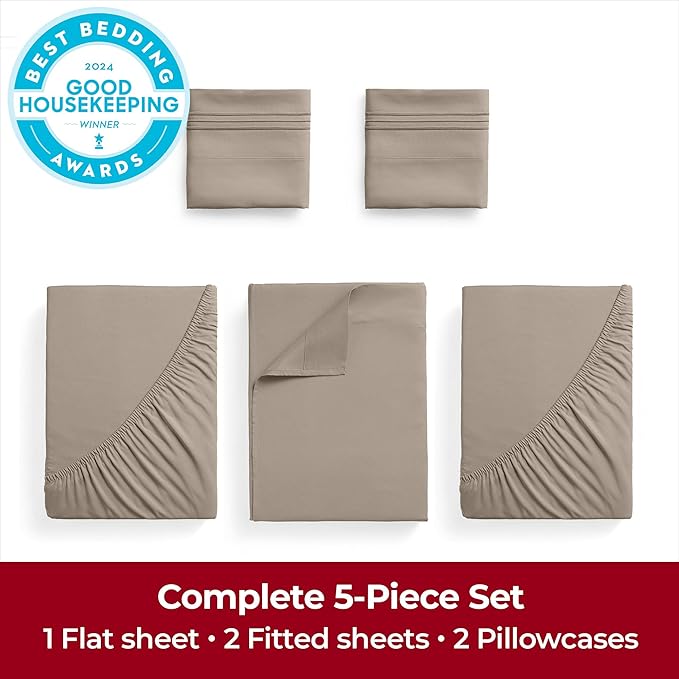Mellanni Extra Deep Split King Sheets - 5 PC Iconic Collection Bedding Sheets & Pillowcases - Hotel Luxury, Ultra Soft, Cooling Bed Sheets - Extra Deep Pocket up to 21 inch (Split King, Tan) - LeafyLoom