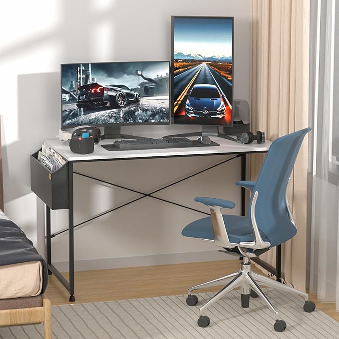 MoNiBloom Computer Desk 47 Inches with A Storage Bag, Student Laptop Writing Desks for Samll Space Home Office, White - LeafyLoom