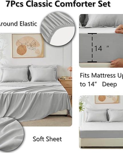 CozyLux Queen Bed in a Bag 7-Pieces Comforter Set with Sheets Light Grey All Season Bedding Sets with Comforter, Pillow Shams, Flat Sheet, Fitted Sheet and Pillowcases - LeafyLoom