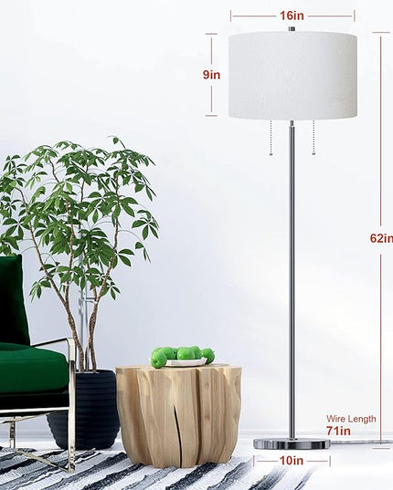 DEEPLITE Modern Floor Lamp, Tall Standing Lamp with 2 Bulb Socket for Office Bedroom Living Room Bright Lighting, Brushed Nickel Body, White Lampshade - LeafyLoom