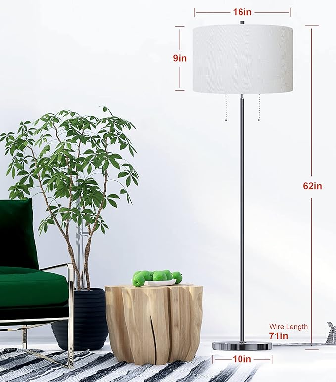 DEEPLITE Modern Floor Lamp, Tall Standing Lamp with 2 Bulb Socket for Office Bedroom Living Room Bright Lighting, Brushed Nickel Body, White Lampshade - LeafyLoom
