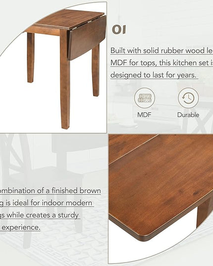 Dining Room Table Set for 2, 3-Piece Wood Kitchen Table Set with Drop Leaf and 2 X-back Chairs, Breakfast Nook Dining Table Set for Small Place, Brown - LeafyLoom