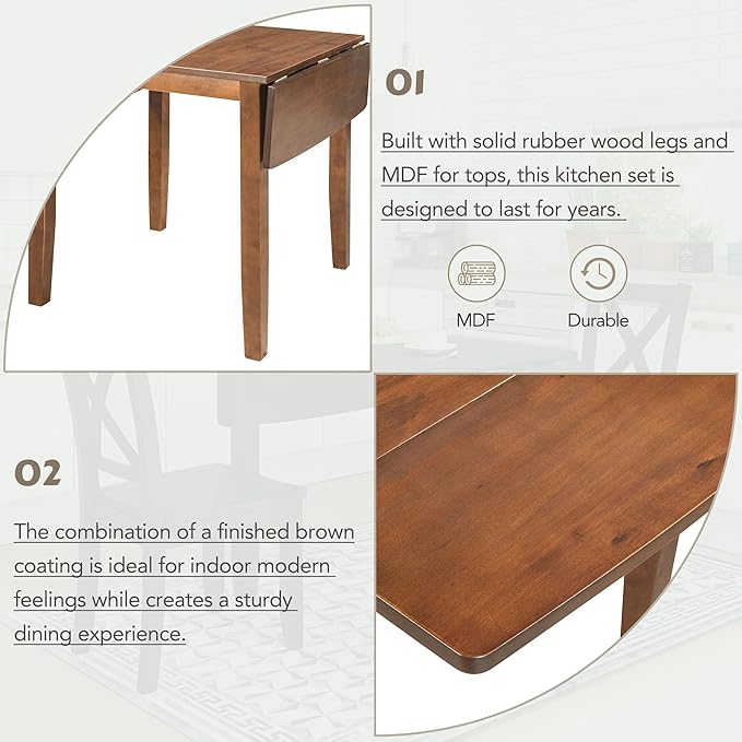 Dining Room Table Set for 2, 3-Piece Wood Kitchen Table Set with Drop Leaf and 2 X-back Chairs, Breakfast Nook Dining Table Set for Small Place, Brown - LeafyLoom