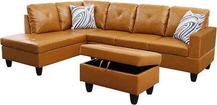 L-Shaped Sectional Couches with 66.5'' Chaise Lounge & Storage Ottoman Modular Room Sofas for Home Office Apartment, Large Living Furniture, 97'' Right Hand Facing, Ginger Faux Leather - LeafyLoom