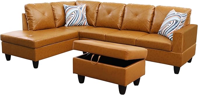 L-Shaped Sectional Couches with 66.5'' Chaise Lounge & Storage Ottoman Modular Room Sofas for Home Office Apartment, Large Living Furniture, 97'' Right Hand Facing, Ginger Faux Leather - LeafyLoom