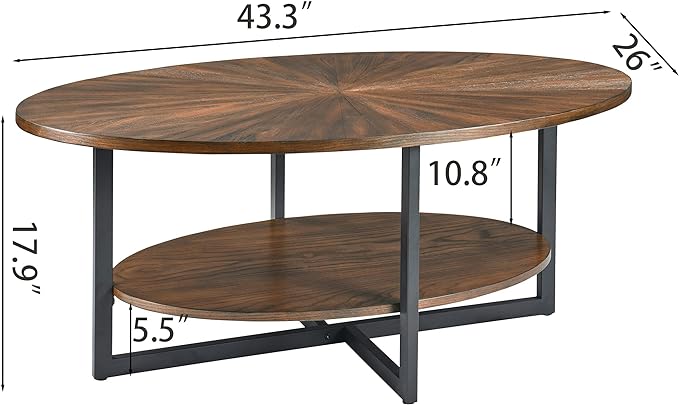 Solid Wood Oval Coffee Table with Cross Metal Legs, 43.3in Modern Industrail Center Table with Open Shelf Cocktail Tea Table for Living Room Bedroom, Rustic Brown 1811NC - LeafyLoom