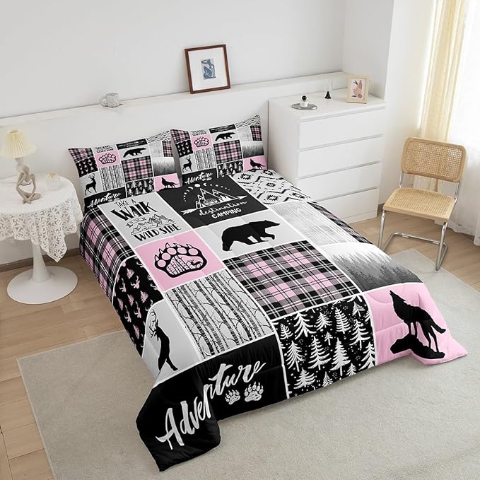 Rustic Farmhouse Comforter Set King Size,Deer Bear Wolf Hunting Animals Bedding Set for Kids Boys Girls Adults Room Decor,Pine Trees Patchwork Down Comforter,Pink Xmas Duvet Insert,2 Pillowcases - LeafyLoom